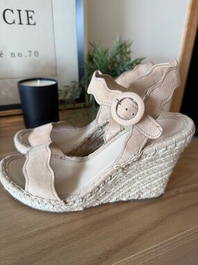 Marc Fisher Beige Suede Espadrille Wedge Sandals